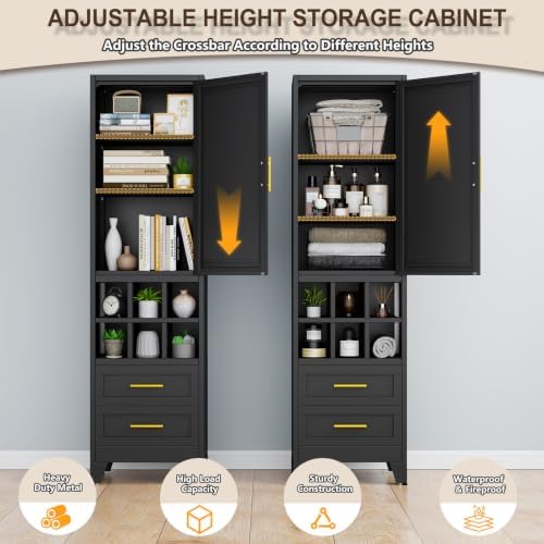 67" Tall Metal Pantry Cabinet, Narrow Freestanding Storage Cabinet, Black