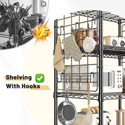 DurayLoly 5 Tier Storage Shelves, 2 Side Panels & 13 Hooks, for Kitchen