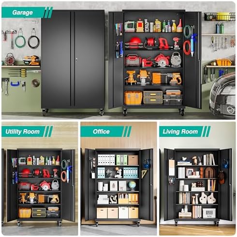 SISESOL Wide & Deep Metal Storage Cabinet with Wheels,Tall Rolling Garage...