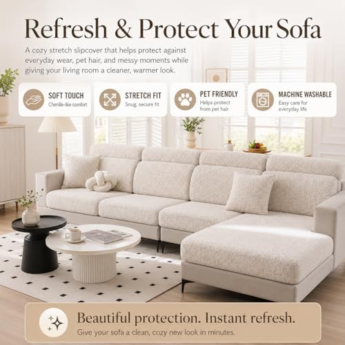 Stretch Sofa Slipcover, 2026 Upgraded Non Slip Couch Cover with Adjustable Straps, Pet Dog Cat Friendly Furniture Protector for 3 Seater, Washable for Living Room