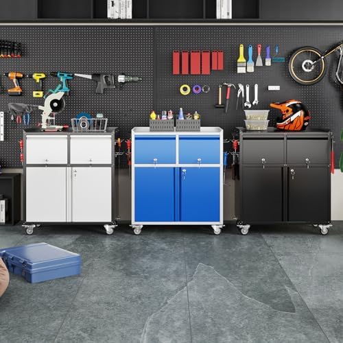 Aobabo Rolling Metal Garage Cabinet with 2 Drawers, Lock and Pegboard
