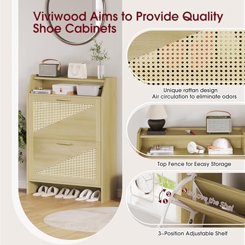 Rattan Shoe Storage Cabinet with 2 Flip Drawers, Wooden Shoe Cabinet with Adj...