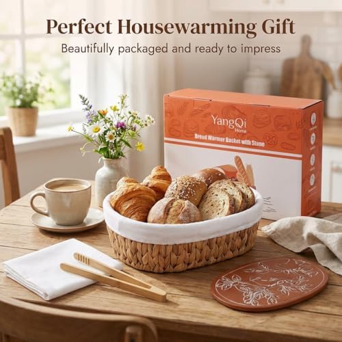 YANGQIHOME Bread Warmer Basket with Stone, Tortilla Warmer, Water Hyacinth Br...
