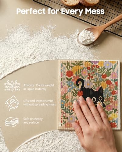 5 Pack Reusable Swedish Dishcloths, Cat in Flowers | Reusable Paper Towels, Non-Scratch, Absorbent, Compostable, Textured Surface, Sponge Cloths for Cleaning