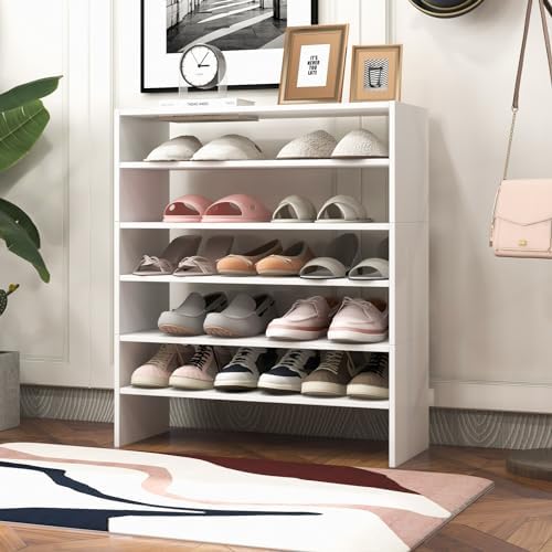 GIANTEX 3-in-1 Vertical Shoe Rack, 6-Tier Free Standing Shoe Storage Organizer w/Stackable Design for 18 Pairs, 31 Inch Wide Wood Shoe Shelf for Closet, Entryway, Living Room, Office (2, White)