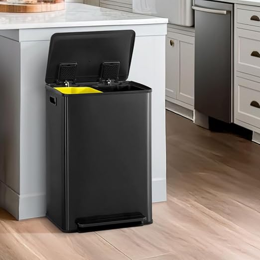 CAPHAUS Black Dual Trash Can w/Single Lid, Trash & Recycle Bins Combo, by CAPHAUS