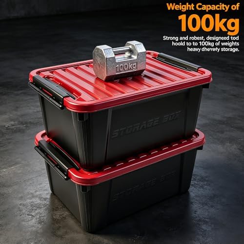 2 Pack Heavy Duty Storage Box with Lid, Stackable Plastic Storage Bins (21 QT...