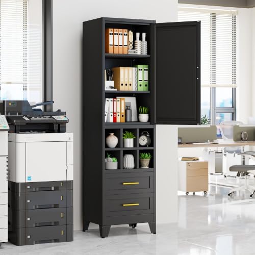 67" Tall Metal Pantry Cabinet, Narrow Freestanding Storage Cabinet, Black