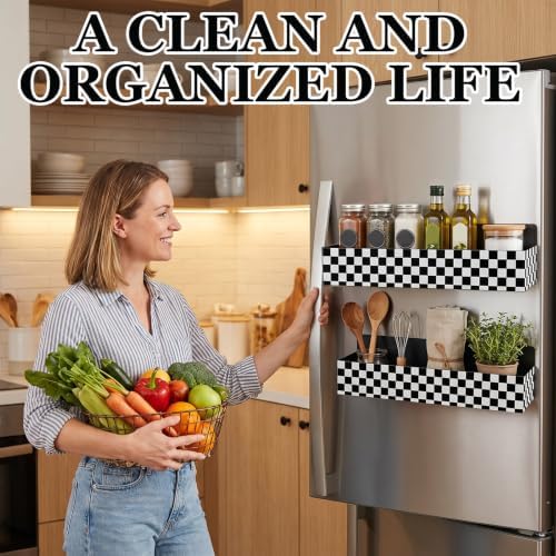 Beeveer 2 Pcs Magnetic Spice Rack for Refrigerator, Checkered | Black and White, Farmhouse Retro Kitchen Decor Accessories, 2 Sizes Metal Storage Shelf for Fridge Spices, No Drilling.