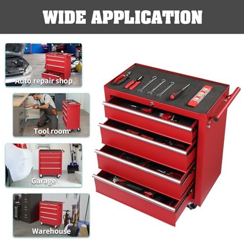 Winado 4 Drawer Rolling Tool Cabinet, Lockable Steel Tool Chest, Red