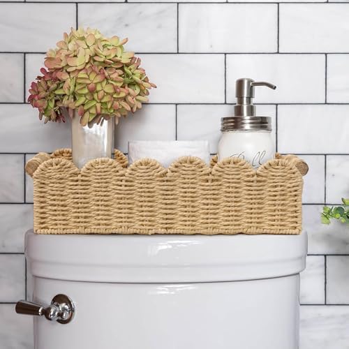 CubesLand Scalloped Toilet Paper Storage Basket for Over Toilet Shelves | Decorative Wicker Organizer Basket Perfect for Home Countertop Storage, Small Basket, Living Room Shelf Decor, Beige