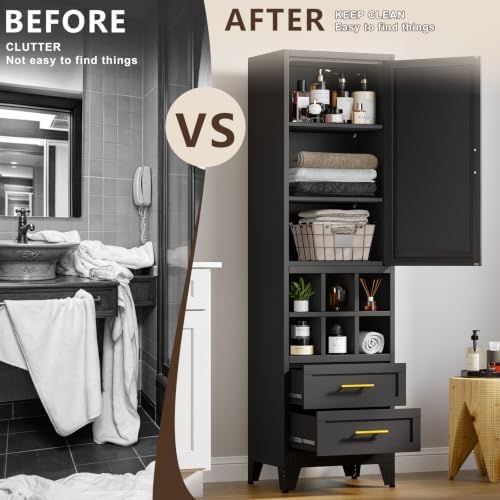 67" Tall Metal Pantry Cabinet, Narrow Freestanding Storage Cabinet, Black