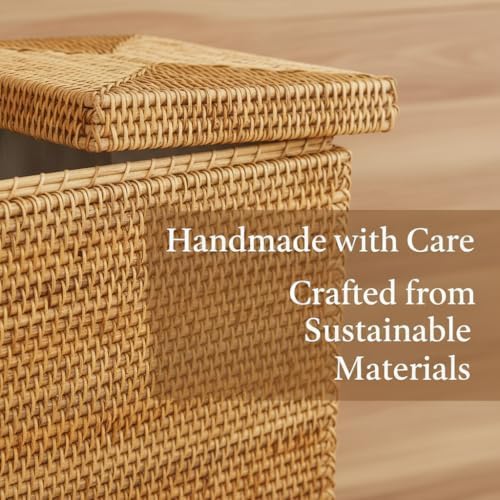 Rectangular Woven Laundry Basket with Lid, Handwoven Natural Autumn Rattan De...