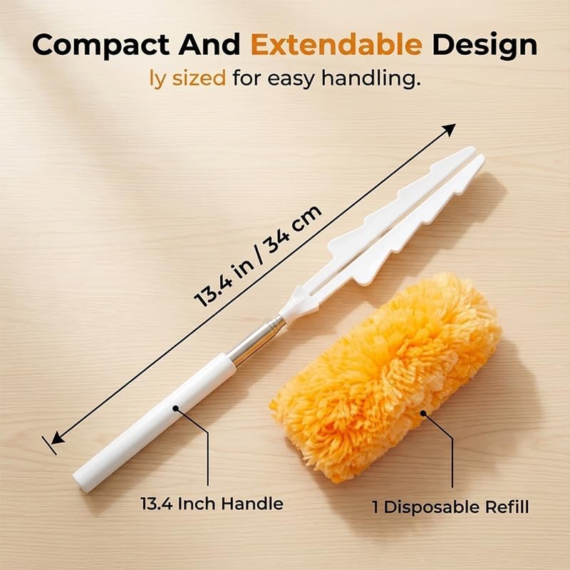 Handheld Dusting Tool with 13.4 Inch Handle and 1 Orange 360 Degree Disposable Refill for Blinds and Home Furniture
