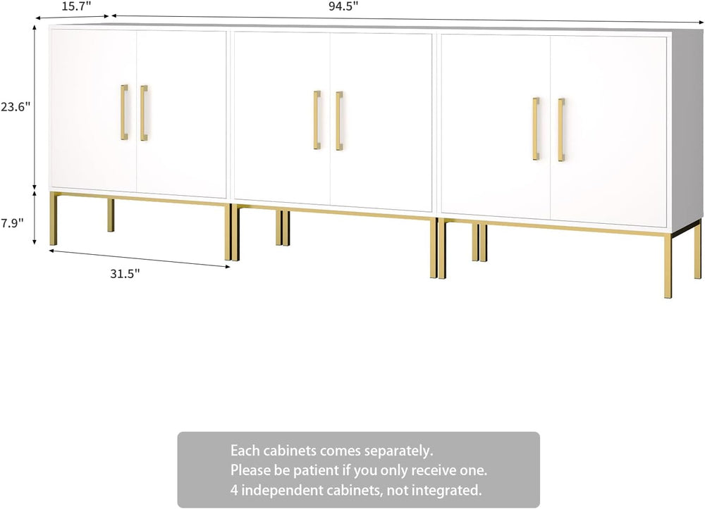 Set of 3 Storage Cabinets with Adjustable Shelf and Gold Handle, White丨Buffet...