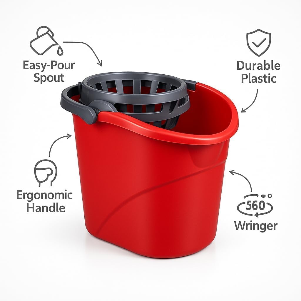 Quick Wring Hands-Free Mop Bucket 2.5 Gallon Red, Mop Bucket with Built-in Wringer for Home Hardwood Laminate Tile Floor Cleaning