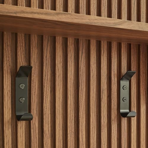 Modway Render Modern Fluted Wood Coat Rack Panel in Walnut with Shelf and Hoo...