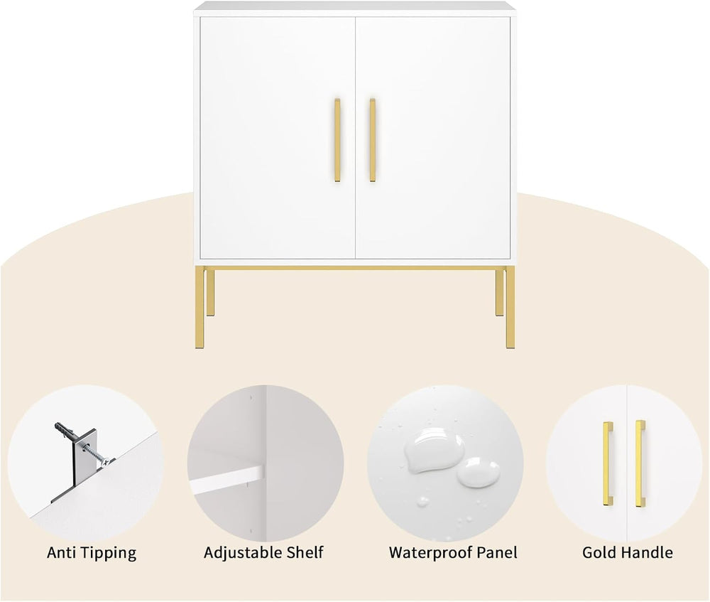 Set of 3 Storage Cabinets with Adjustable Shelf and Gold Handle, White丨Buffet...
