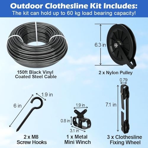 Outdoor Clothesline Kit, Black Clothes Line Pulley Kit Heavy Duty