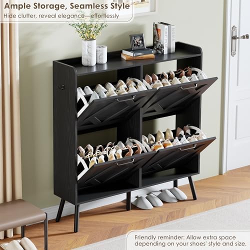 Nicetree Shoe Cabinet with 4 Flip Drawers, Hidden Shoe Rack Cabinet with Meta...