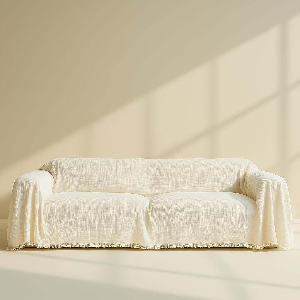 Washable Sofa Cover %100 Pure Cotton, Gauze Couch Covers for Sectional, 3 Seater, L Shape, U Shape Sofa, Large 4 Layered Natural Muslin Fabric, Cloud Like Couch Cover (Cream, 95x118" / 240x300 cm)
