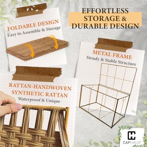 CAPHAUS Handwoven Synthetic Rattan Storage Basket w/Lid, Foldable Clothes Bas...