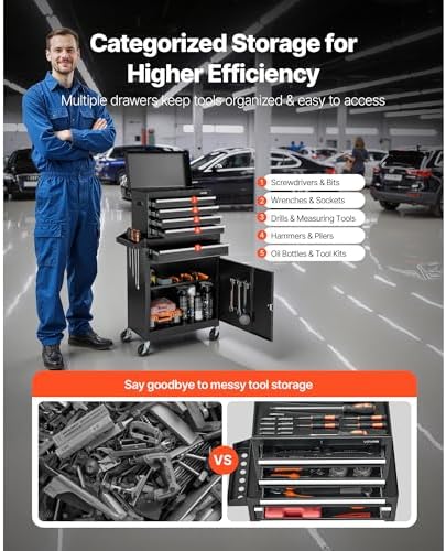 VEVOR Rolling Tool Chest, 2-in-1 Design, 5 Drawers Tool Cabinet Organizer wit...