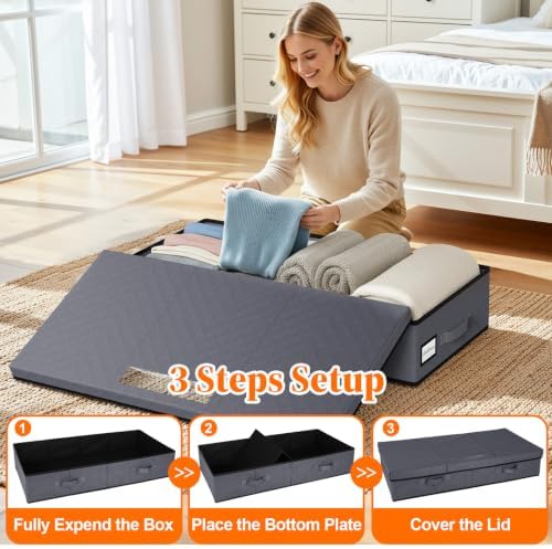 StoreHappily Under Bed Storage Containers with Lids, 3 Pack Foldable Grey