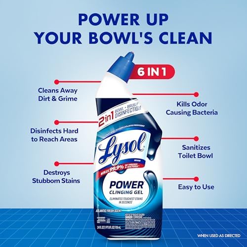 Lysol Toilet Bowl Cleaner Clinging Gel, Power, 24 oz, 2 Pack | Disinfecting, Sanitizing, Deodorizing, Septic Safe, Bleach Free, For Toilet Rings, Limescale, & Hard Water, Bathroom Cleaner