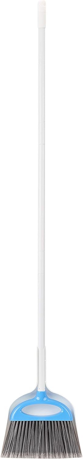 Amazon Basics Dustpan Broom Set with Adjustable Long Handle, Easy to Assemble, Blue and White