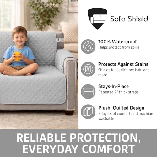 Sofa Shield 100% Waterproof Couch Cover with Patented Straps, Slip & Stain Resistant Furniture Protector, Machine Washable Sofa Slipcover for Dogs Cats Pets Kids, 70 inch Seat, Light Gray