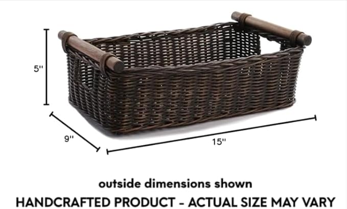 The Basket Lady Low Pole Handle Wicker Storage Basket, 15 in L x 9 in W x 5 in H - Image 5