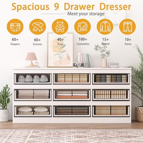 70 INCH 9 Drawers Dresser with Charging Station, Modern Large Dresser with 9 ...