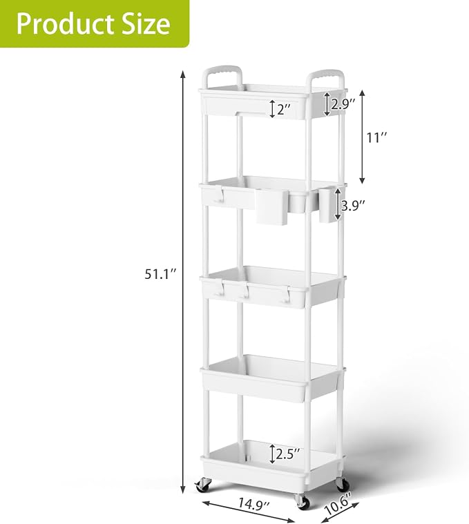 5 Tier Rolling Cart Organizer, Bathroom Cart Organizers - Image 3