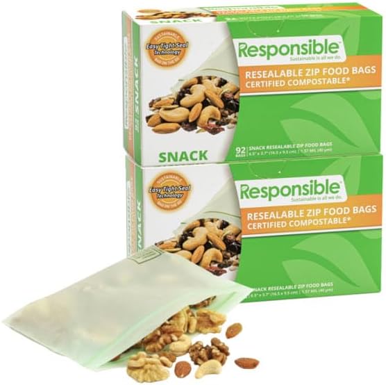 Responsible Products Certified Compostable SNACK Resealable Zip Bag, Extra by ResponsibleProducts%C2%AE