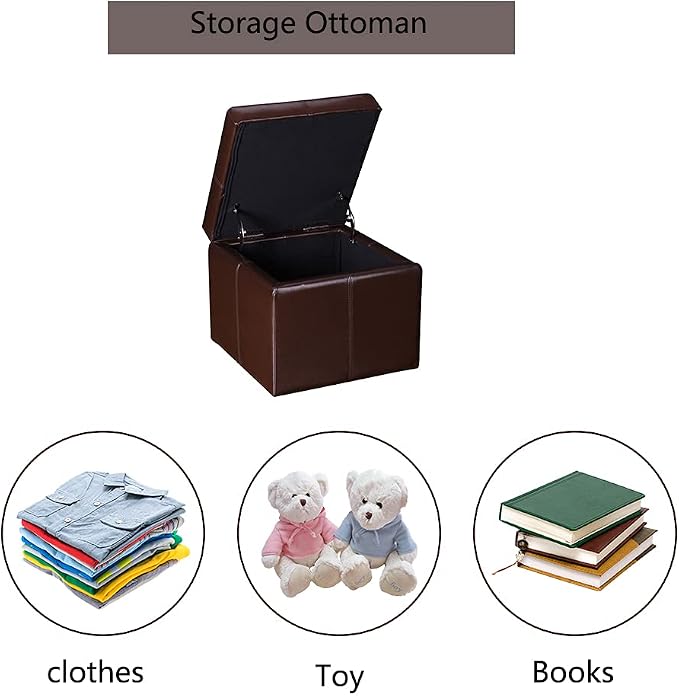 Adeco 17.7" Leather Cube Storage Brown Ottomans - Image 6