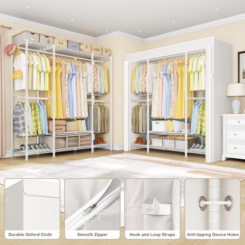 ULIFHOME E3C White Clothes Rack with Beige Cover, Heavy Duty Garment Rack