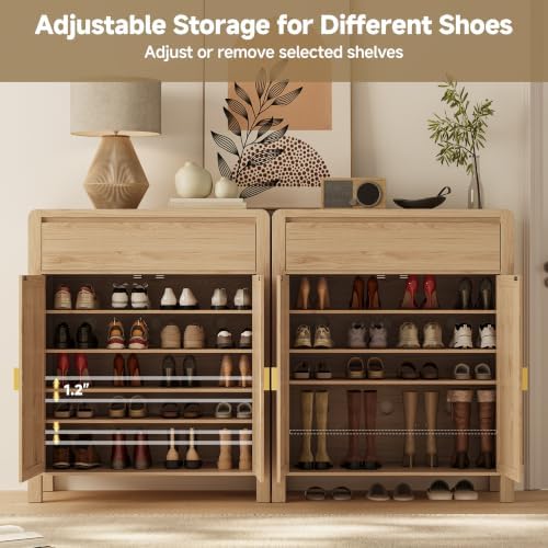 Natural Oak Shoe Storage Cabinet with Drawer, 2 Doors, Adjustable Shelves