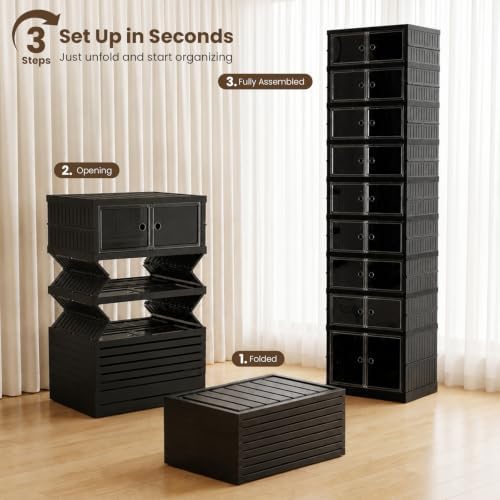 9 Tier Foldable Shoe Rack, Plastic Shoe Storage Cabinet with Clear Doors