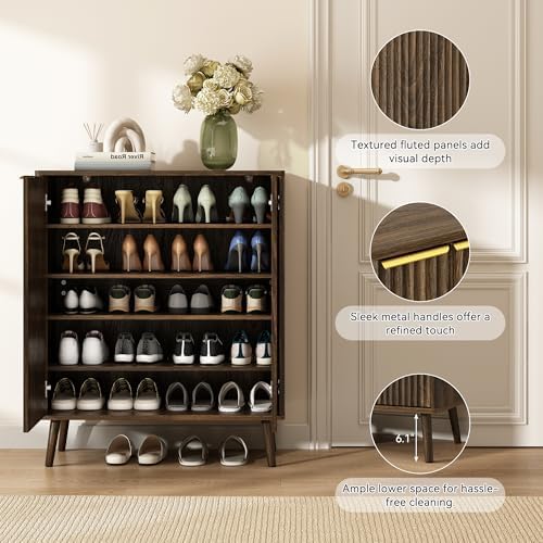 5-Tier Shoe Storage Cabinet with Adjustable Shelves, Walnut丨Fluted Shoe Cabin...
