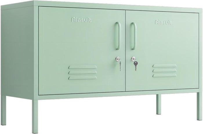 Green 2-Door Wide Lockable Metal Storage Cabinet, TV Stand & Media Console, 2-Tier Multipurpose Accent Cabinet with Removable Shelves for Large TVs, Home, Office, Entryway, Hallway