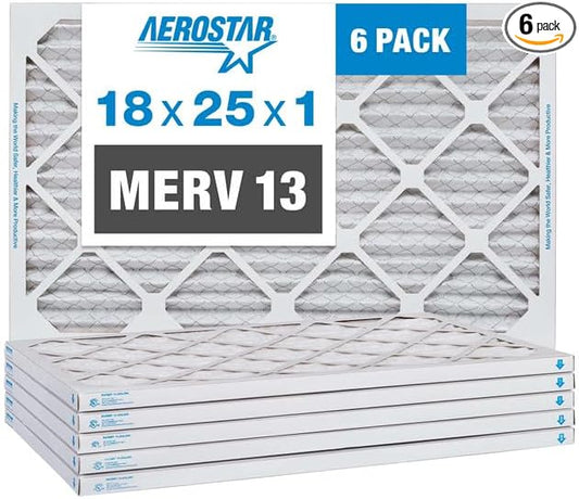 Aerostar 18x25x1 MERV 13, Pleated Air Filter, Box of 6, Made in the USA by AirFiltersDelivered