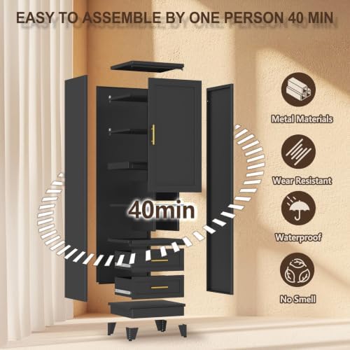 67" Tall Metal Pantry Cabinet, Narrow Freestanding Storage Cabinet, Black