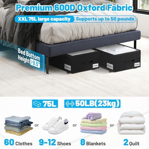 Under Bed Storage with Wheels, 2-Pack 10" Height XXL 75L Rolling Storage...