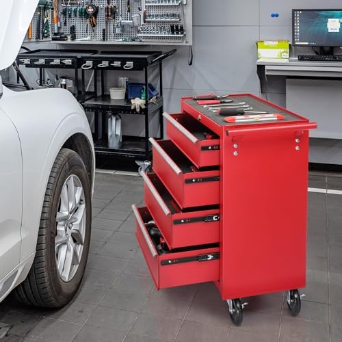 Winado 4 Drawer Rolling Tool Cabinet, Lockable Steel Tool Chest, Red