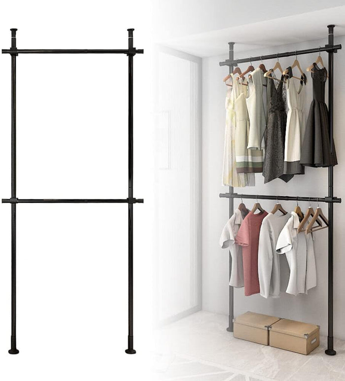 Xuthusman 2 Tier Clothes Storage Hanger Organizer Ceiling Top & Floor Metal Closet Garment Rack Clothing Storage Hanging Shelf Stainless Steel Black