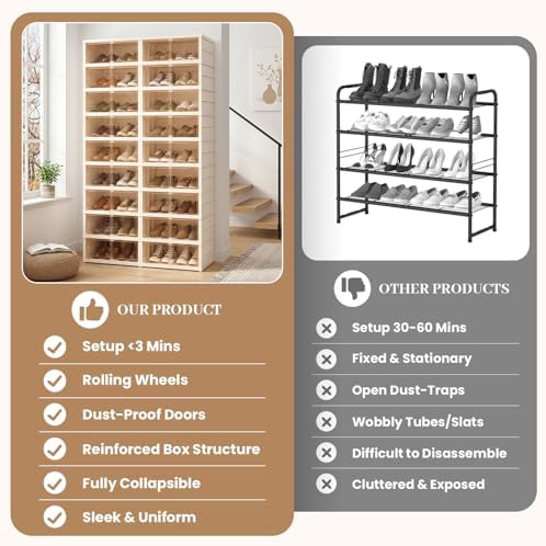 Collapsible Shoe Rack Organizer, Clear Doors Plastic Shoe Storage Cabinet