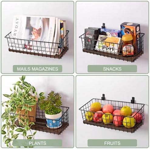 Wall Hanging Baskets, 3 Wooden Wire Bins with Hooks & Adhesive Mount(Extra)