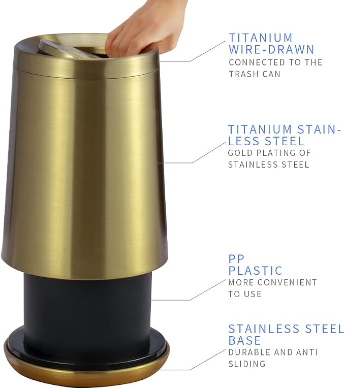 Household Swing Gold Bathroom Trash Can，Brushed Stainless Steel，10 L/3 - Image 3