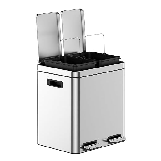 2 x 4 Gal Trash Can, Stainless Steel Triple Compartment Step-On Recycling Bin by Unknown